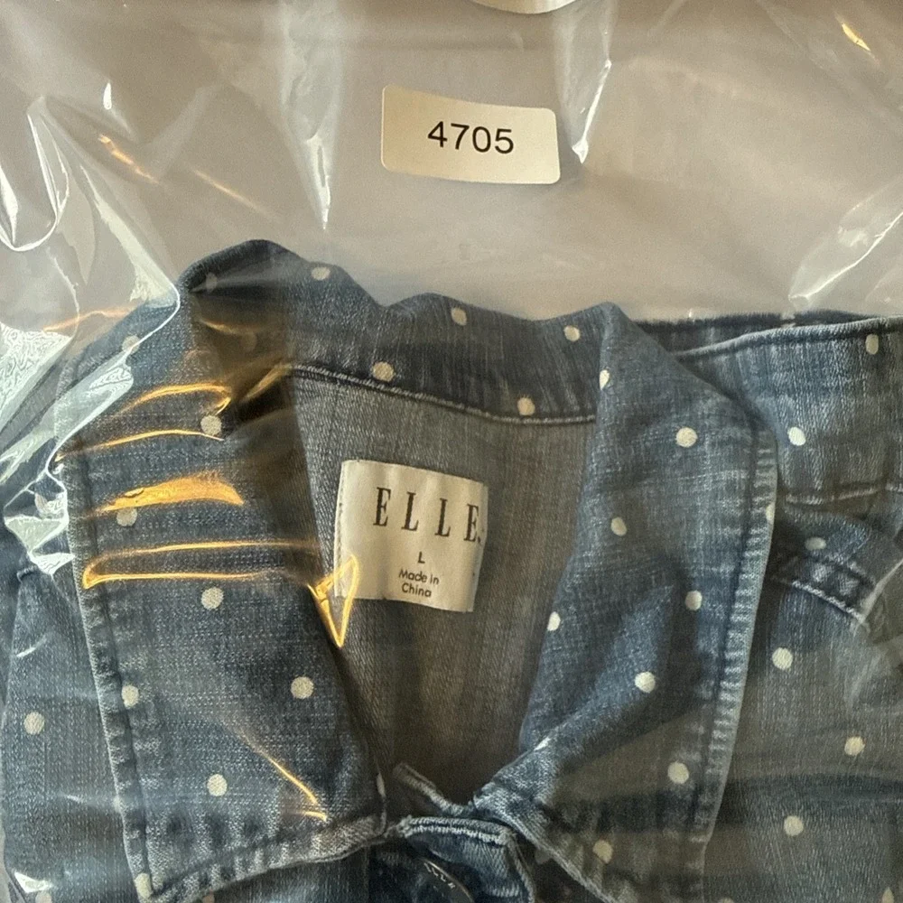 Elle Polka Dot Distressed Blue‎ Denim Trucker Jacket L Retro Chic Indie Sleaze